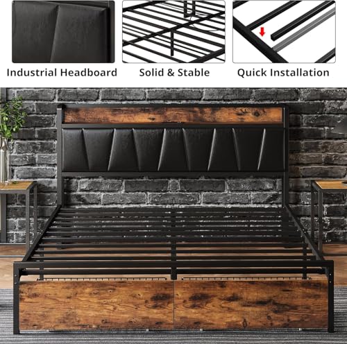 Image of LIKIMIO Full Size Bed Frame with 2 Drawers and Charging Station | Platform Bed with Upholstered Storage Headboard, No Box Spring Needed, Easy Assembly, Sturdy, Industrial Brown and Black