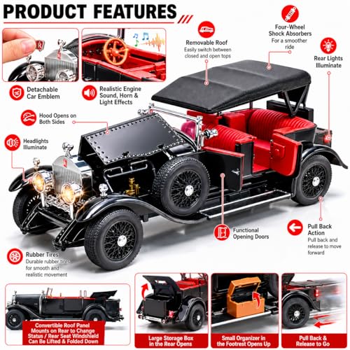 Image of Magicwand 1925 Convertible Vintage Classic Car Model, Rollls Roycce Phantom I,1:32 Scale Die-Cast Metal, Lights & Sound, with Openable Doors,Hood & Removable Roof ⦗Random Color⦘