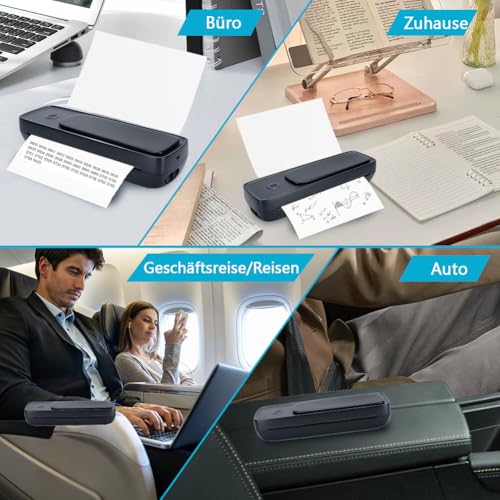 Mobiler Drucker A4, Kleiner Thermodrucker Bluetooth 300DPI Inkless Printer Tragbarer Wireless Handy Printer mit Android und iOS, für Handy Laptop Unterwegs Hause Foto Lernen