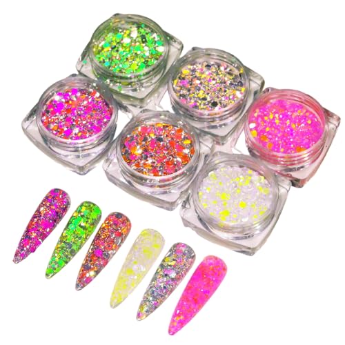 6 Colors Nail Art Glitter Reflective Nail Powder Glitter Iridescent Nail Glitter Flakes Sequins Shining Sparkle Powder Pigment Glitter for Nail Art Manicure Decoration Home DIY Salon