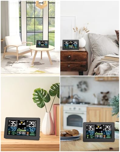 HAOYAO Wetterstation Funk mit Außensensor, Farbdisplay, Wettervorhersage, Temperatur, Luftfeuchtigkeit, Wecker mit Schlummerfunktion, Luftdruck,60m Übertragungsentfernung, für Innen und Außen