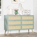 Brafab Vintage Natural Rattan 6 Drawers Dresser for Bedroom, Mid-Century Modern Dresser with Sturdy Wooden Legs, Boho Double Chest of Drawers with Wood Handles for Closet, Living Room, Mint