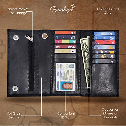 Raw Hyd Black Chain Wallets For Men – Trifold Biker Wallets For Men With Chain – Chain Wallet W/ 12 Credit Card Slots, Money Sleeve, & Zippered Pocket – 6.7” Genuine Leather Wallet With Chain For Men #TOP3