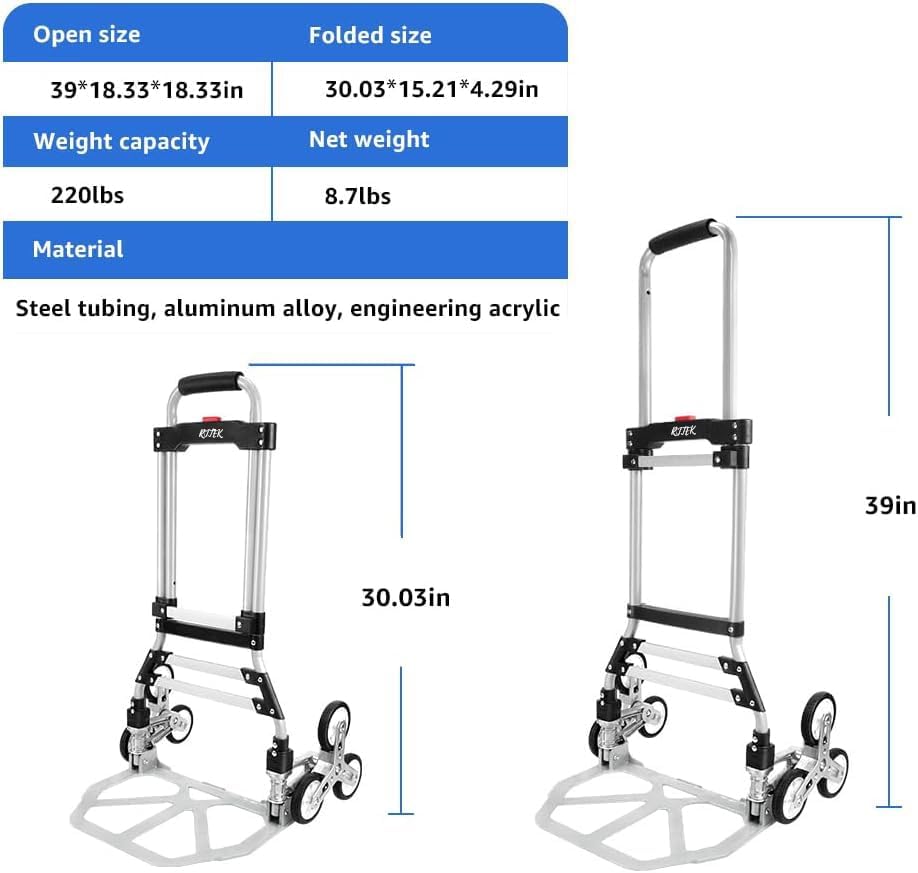 Miniatura 7 de Versión mejorada Carro de mano y carrito de escalada de escaleras, carrito de escalada de escaleras de capacidad de 220 libras, carrito de equipaje