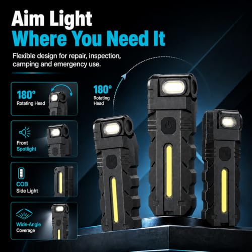 TFFUAM 180°Rotating Head LED Work Light, Magnetic Base & USB-C Rechargeable, Dual Beam Pocket Flashlight with Clip, Hands-Free Work Light for Auto Repair, Camping, Mechanic, Home & Emergency (1) - image 6