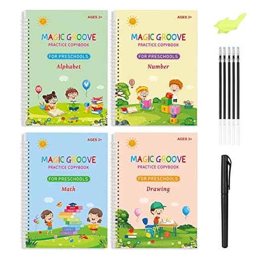 XTDMJ 4 cuadernos mágicos reutilizables para ejercicios + 5 recargas + 1 soporte para bolígrafo para niños caligrafía números dibujo letras escritura