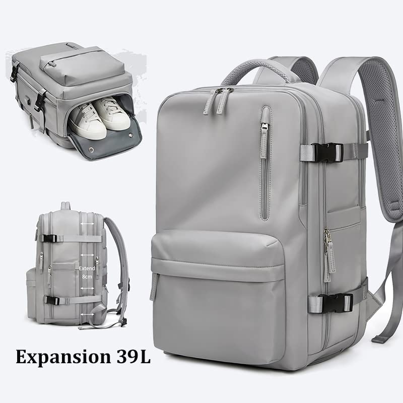 Women Travel Backpack,16 Inch Expanded 39L USB Charging Business Laptop Backpack with Shoe Bag,waterproof hiking outdoor Backpack (grey)2