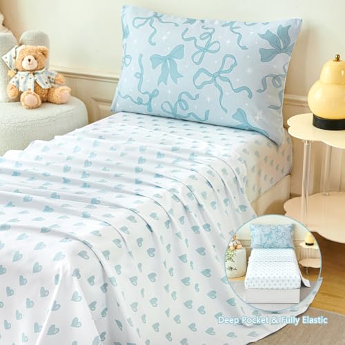Image of PERFEMET 4 Pieces Light Blue Toddler Comforter Set for Girls, Reversible Blue Bow Printed Toddler Bedding Sets with Sheets, Ultra Soft Lightweight Baby Girl Bed Set for All Seasons