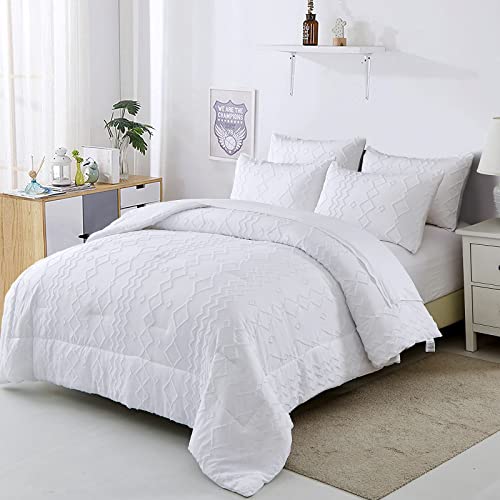 White Tufted Comforter Set Queen With Sheets,7 Pieces Bed In A Bag Boho Comforter Shabby Chic Geometry Embroidery Bedding Set Soft Microfiber Farmhouse Comforter For All Seasons (King 90×103 Inches) #TOP12