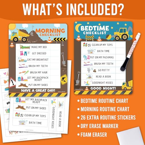 Image of Magnetic Morning & Bedtime Routine Chart for Kids - Customizable Toddler Daily Schedule Board with Dry Erase Surface, Stickers & Marker, Build Habits with Visual Checklists, Construction Theme