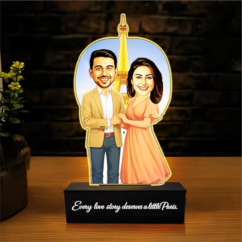 Image of ZOCI VOCI Personalized Couple Gift from Photo, Custom Name Acrylic Couple Caricature, Romantic Gift for Couples (Paris Love, With Light)