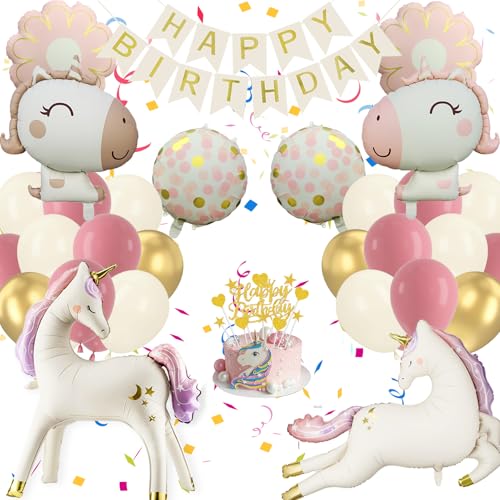 Einhor Deko Kindergeburtstag, Riesiges Mattweiß Rosa 4D Luftballons, Einhor Geburtstagsdeko Ballon Banner und Tortendeko, Party Deko Geschenke für Mädchen (Set Geburtstagsdeko Mädchen)