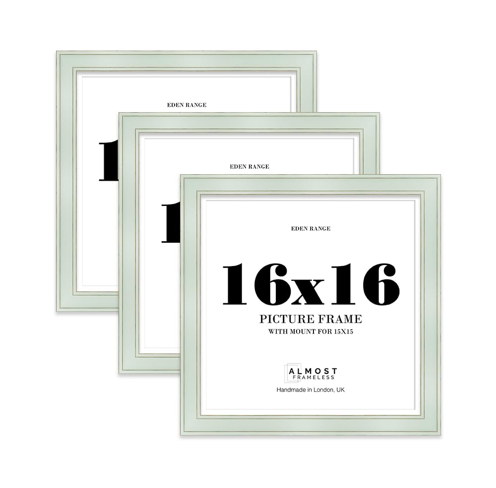 16x16 Sage Green Square Picture Frame with 15x15 Mount - Shabby Chic Photo Frame with Distressed Finish, Gold Trim, Wall Hooks, 37mm Edge - 3 Pack