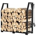 VyGrow Firewood Rack for Outdoor, Firewood Holder with 3 Hanging Hooks, Heavy Duty Wood Rack for Indoor Outdoor Patio, Black