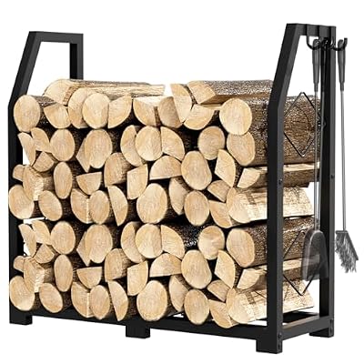 VyGrow Firewood Rack for Outdoor, Firewood Holder with 3 Hanging Hooks, Heavy Duty Wood Rack for Indoor Outdoor Patio, Black