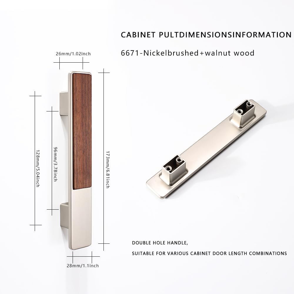 Modern Brushed Nickel Cabinet Pulls with Walnut Wood Inlay, Size Options, Contemporary Drawer Handles for Kitchen, Bathroom, and Furniture (10, Nickel brushed walnut wood, 96-128mm/3.78-5.04inch)