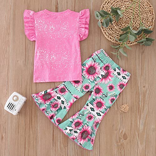Camiseta infantil com babados e manga voadora pulôver tops floral estampado sino calças crianças beb