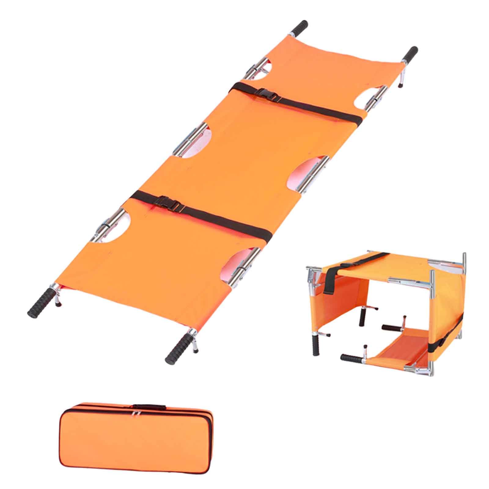 GHKryD stretcher, Aluminum Alloy Four-Fold Portable Stretcher with Wheels for Emergency Rescue, Fire, Mining(Orange,Stainless Steel)