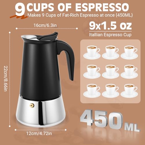 Image of 9 Cup Stainless Steel Moka Pot, 450ml Stovetop Espresso Maker, Black