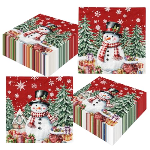 Christmas Paper Napkins,48pcs Red Snowman Napkins Snowflake Xmas Tree Disposable Winter Napkin for Christmas Holiday Supplies