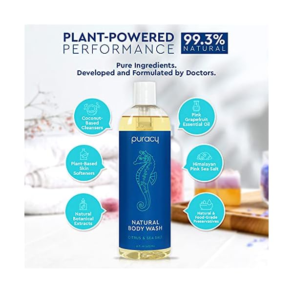 Puracy Body Wash, Natural Body Wash, 98.6% Pure Plant Ingredients, Moisturizing Shower Gel for Women Men Kids, Body Soap for Dry Sensitive Skin. Gently Scented with Citrus & Sea Salt, 16 Oz (2-Pack)