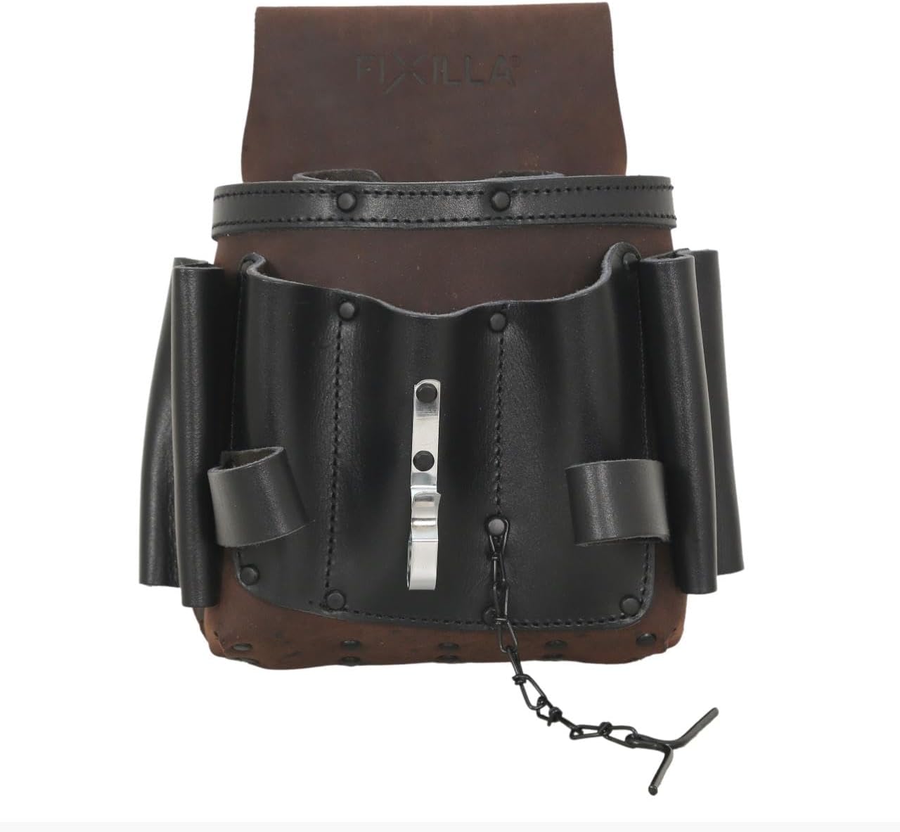 WIDEBROWN Leather Electrician Tool Pouch, 8 Pockets, Hammer Loops, Tape Chain, Black and Brown