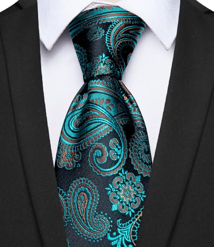 Image of YourTies Black Teal Tie for Men Paisley Mens Necktie Woven Jacquard Formal Business Party Wedding Designer