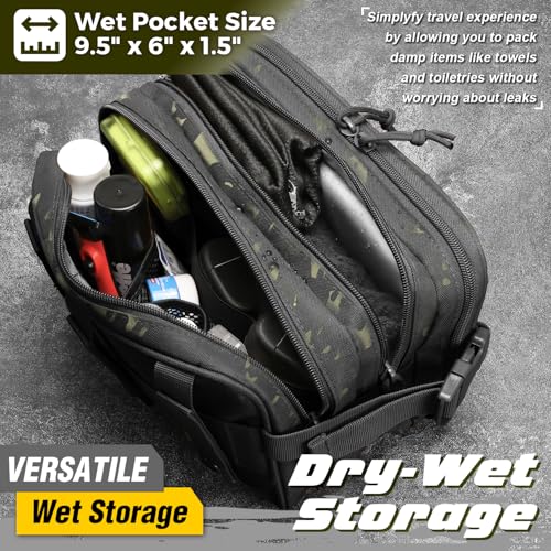 DBTAC Tactical Toiletry Bag w/Electronic Organizer Compartment | Dry/Wet Separate Hygiene Bag, Expanded Travel Dopp Kit Shaving Kit Travel shower Bag for Men (Black Camo)3