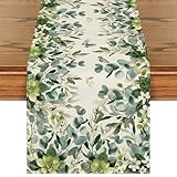 Artoid Mode Green Flowers Floral Eucalyptus Summer Table Runner, Seasonal Spring Kitchen Dining Table Decoration for Home Party Decor 13x72 Inch