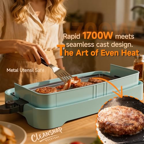 Image of Cleansnap Everyday Electric Griddle,The Ultimate Gift for Family Feasts - 20 inch Nonstick Grill with Foldable Anti-Mess Shield, Rapid 1700W Heat & PPG Ceramic Coating, Dishwasher Safe, Saga Blue