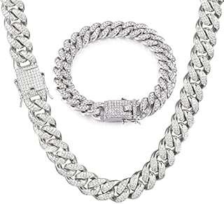 GIHENHAO Men's Cuban Link Chain Silver Miami Cuban Necklace Bracelet Bling Diamond Chain for Men Women 13 mm Hip Hop Jewellery