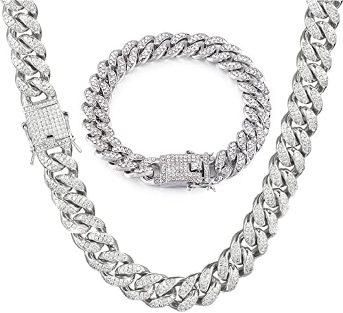 GIHENHAO 2pcs Cuban Link Chain for Men,Silver Necklace and Bracelet,Miami Cuban Chains,Bling Diamond Chain for Hip Hop Jewelry