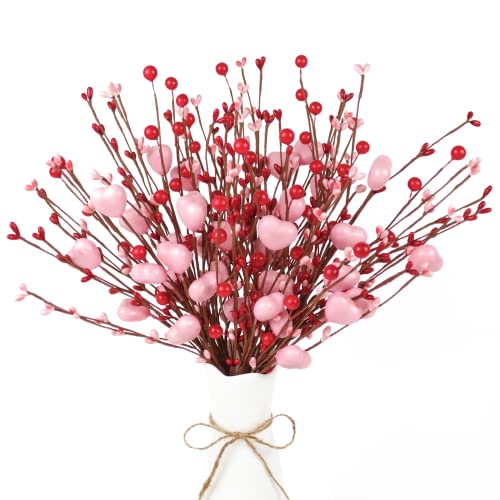 Cute Valentines Day Decorations, 6 Pcs Pink Heart Berry Stems for Valentine's Day Decor, 15.7 Inch Valentine Floral Picks for Table Mantel Vase Pot Bouquet, Party Wedding Anniversary DIY Ornaments