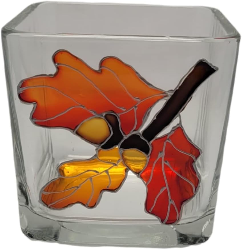 Oak Tree Leaves and Acorns Hand Painted Stained Glass Candle Holder Fall Thanksgiving Home Decor