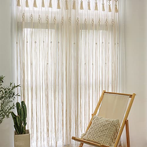 Anminy Macrame Curtain Decorative Boho Wall Hanging Door Hallway Window Curtains With Tassels Wood Ring Handmade Woven Cotton Backdrop Room Divider For Wedding Party Restaurant Home Decor - 37" By 79" #TOP6