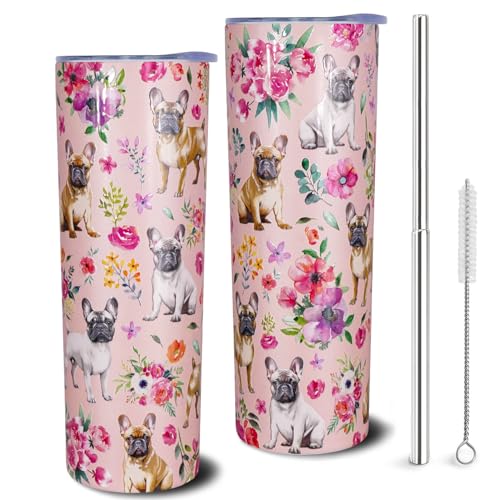 solid can French Bulldog Tumbler French Bulldog Gifts 20 OZ 3D-Printed Insulated Cup Dog Lover Gift Travel Mug with Dogs Patterns and Vintage Florals(One Tumbler Included)