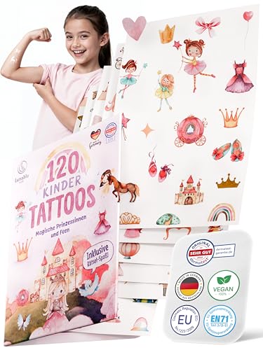 Lunablu 120 Hautfreundliche Kinder Tattoos [Dermatologisch Zertifiziert] MADE IN GERMANY | Geschenk für Kinder | Kindertattoos für Jungen und Mädchen | Tattoo - Prinzessinnen & Feen