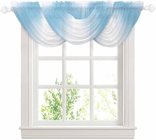 Sky Blue Waterfall Valance Curtains Sky Blue Ombre Sheer Swag Valances for Window, Gradient Blue and White Rod Pocket Elegant Valances for Bedroom/Nursery, 38.5" x 47.21", 3 Panels
