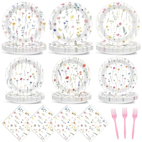 96Pcs Wildflower Party Supplies Floral Themed Paper Plates Napkins Wildflower Butterfly Tableware Disposable Dinnerware Decoration Set for Girls Birthday Wedding Bridal Baby Shower Party Table Decor
