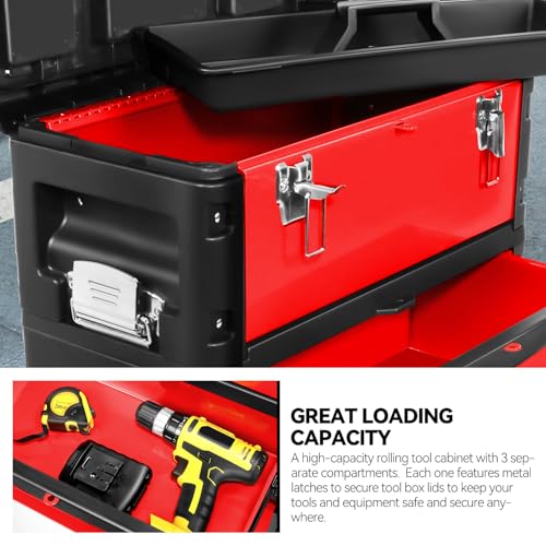 Image of Auto Dynasty Stackable Tool Box 3-Tier Tool Separate Organizer Rolling Tool Chest with Wheels 3-in-1 Upright Trolley for Garage or Workshop, Red
