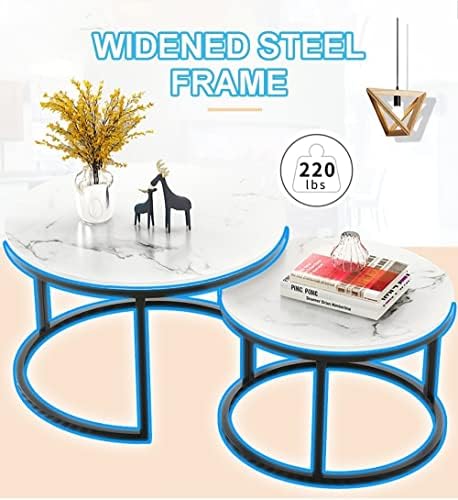 Modern Nesting Coffee Tables Set, Round Coffee Table MDF Faux Marble Tabletop Arc Craft Gold Color Frame Free Stretch Widened Steel Frame, for Living Room, Office, Balcony