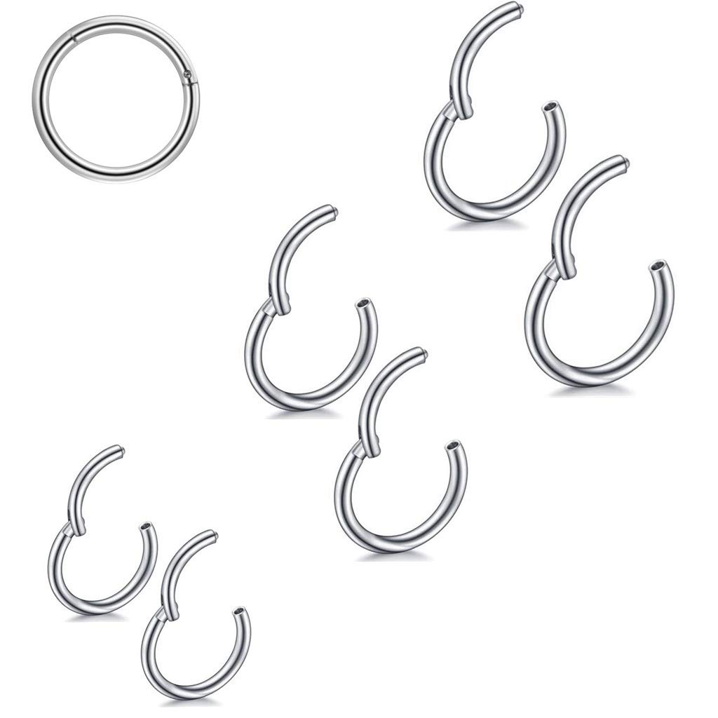 Haosell 6 unidades de 8/10/12 mm 16 G de acero inoxidable para mujer, hombre, septum, clicker, anillo de nariz, juego de orejas, labios, piercing para labios, cartílago de aro para hombres