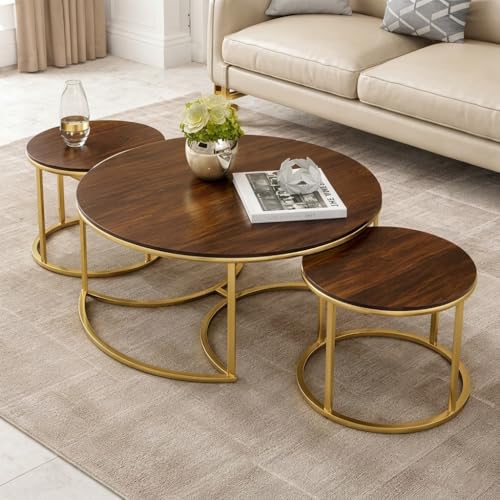 Image of 3 Piece Living Room Table Set, 1 Center Table and 2 End Nesting Tables NO-Tools Assembly Round Stacking Coffee Side Tables for Small Spaces, Nightstand Bedside Table