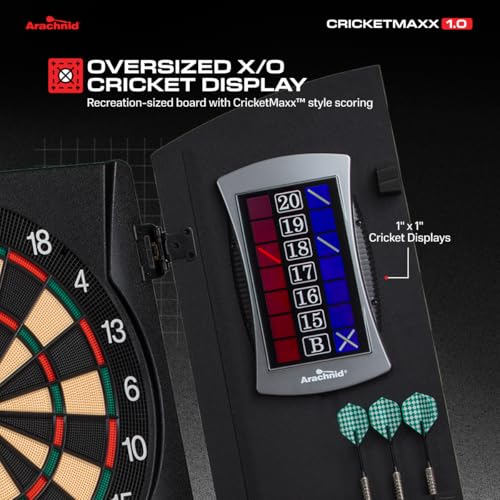 Arachnid CricketMaxx 1.0: 13.5” recreation size with wood cabinet. Features 34 games, 183 variations, 8-player LED X/O scoring, and Heckler mode. Integrated storage for darts and accessories by Arachnid - Image 4