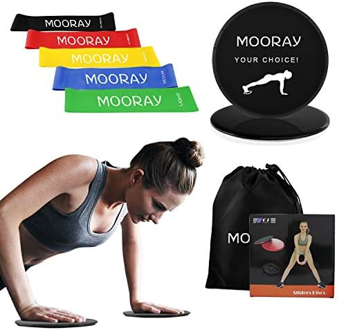 MOORAY Gliding Discs Core Sliders and 5 Exercise Resistance Bands | Strength, Stability, and Crossfit Training for Home, Gym, Travel | User Guide & Carry Bag
