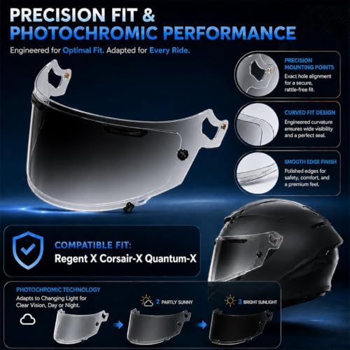 Image of PSLER Photochromic Shatterproof Helmet Visor for Regent X Corsair-X