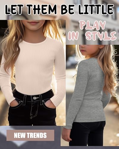 Image of 4 Pack Girls Long Sleeve Shirts Ribbed Knit Cotton Crewneck Tops Slim Fit Soft Casual Kids Base Layer Undershirts