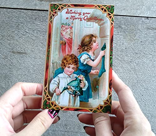 Image of PIXILUV CHRISTMAS SCENES (Pack of 12) Notecards Small Greeting Cards # Beautiful Christmas Scenes Framed in Red Borders ~ Vintage Christmas Postcards Reprint