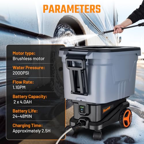 Image of This Hill Cordless Pressure Washer with Water Tank, 2000 PSI Portable Power Washer, Brushless Motor, Dual 21V 4.0Ah Batteries, 3 Pressure Modes, Foam Cannon for Cars, Patio & Camping