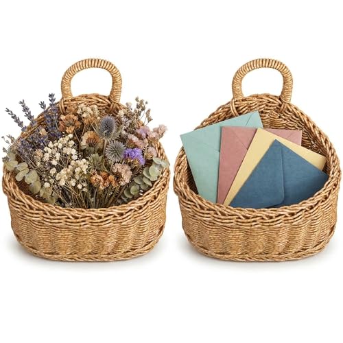 DOITOOL Set of 2 Wicker Hanging Basket for Wall, Front Door, Flowers, Mail, Fruit - Boho Handmade Rattan Hanging Wall Baskets for Garden Farmhouse Home Storage by DOITOOL - Used condition - US$31.40
